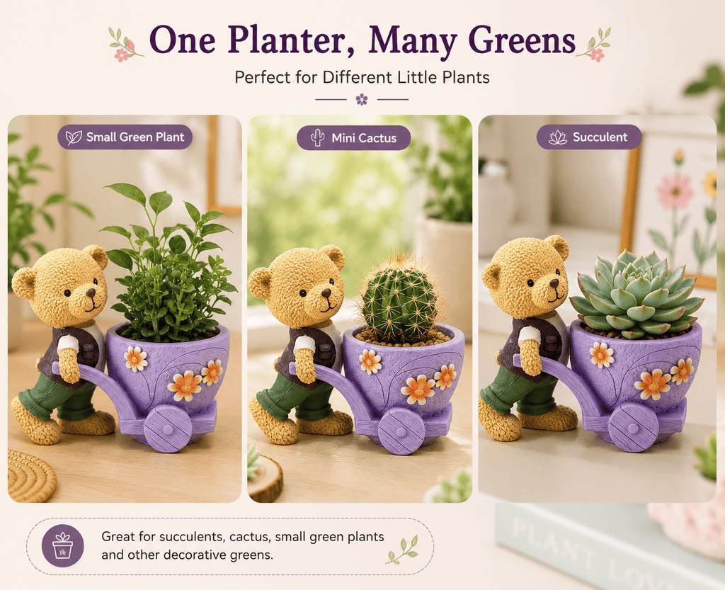 PotPop Teddy Bear Watering Can Planter – Cute Resin Planter Pot | Adorable Home & Desk Decor