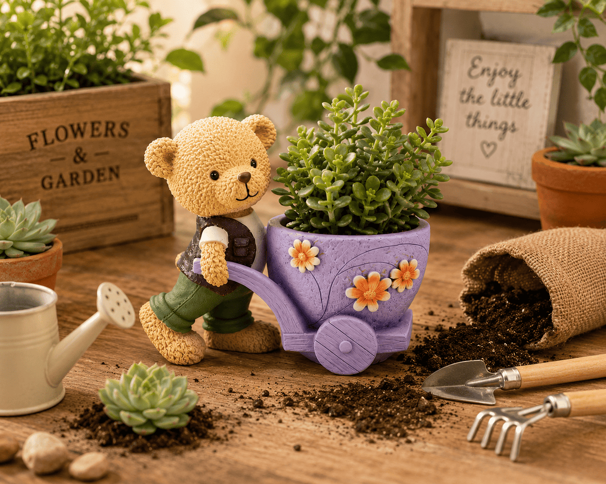 PotPop Teddy Bear Watering Can Planter – Cute Resin Planter Pot | Adorable Home & Desk Decor