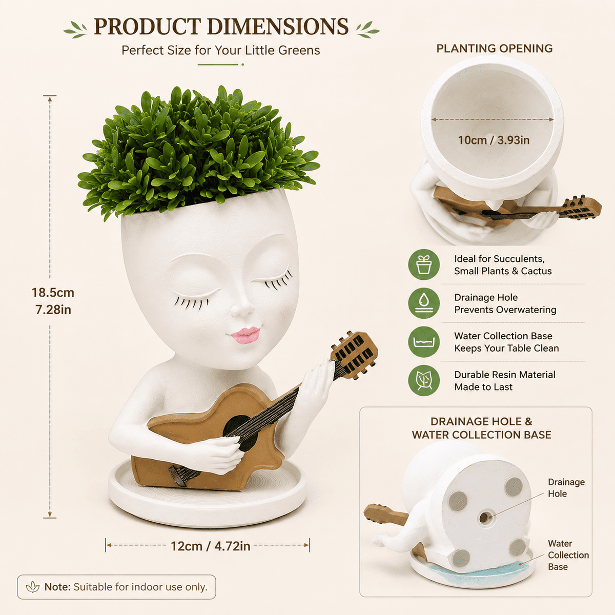 PotPop Musician Lady Planter Pot – Cute Resin Face Planter | Unique Desk Decor & Gift for Music Lovers