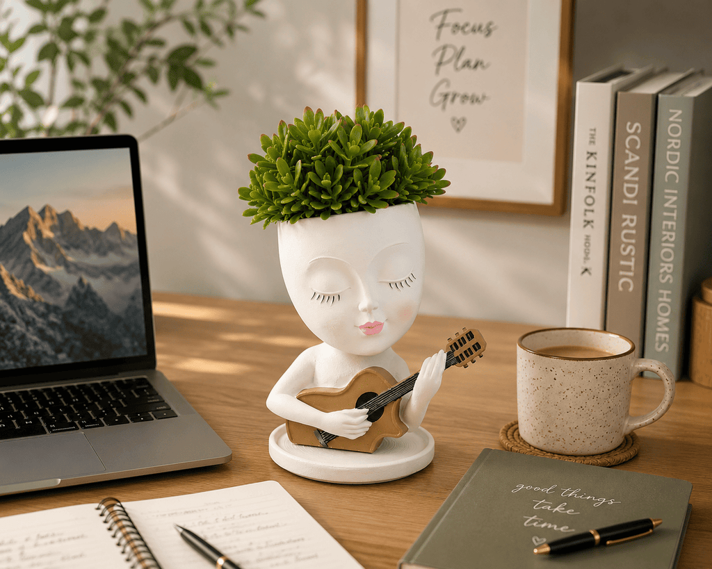 PotPop Musician Lady Planter Pot – Cute Resin Face Planter | Unique Desk Decor & Gift for Music Lovers