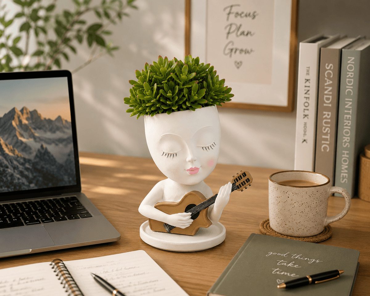 PotPop Musician Lady Planter Pot – Cute Resin Face Planter | Unique Desk Decor & Gift for Music Lovers
