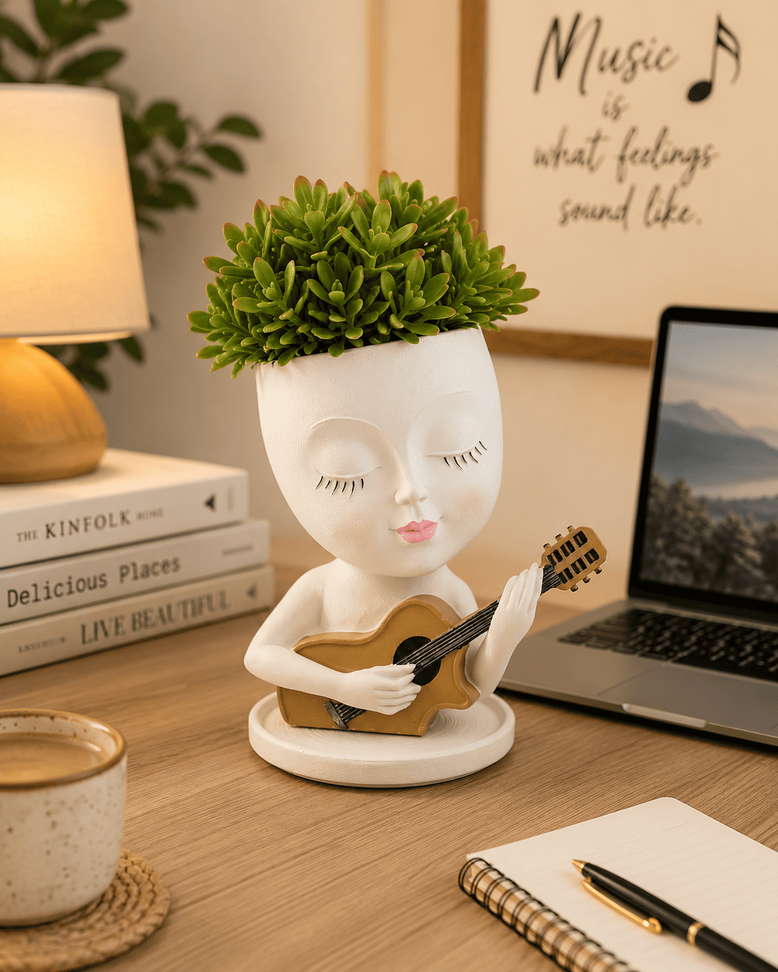 PotPop Musician Lady Planter Pot – Cute Resin Face Planter | Unique Desk Decor & Gift for Music Lovers