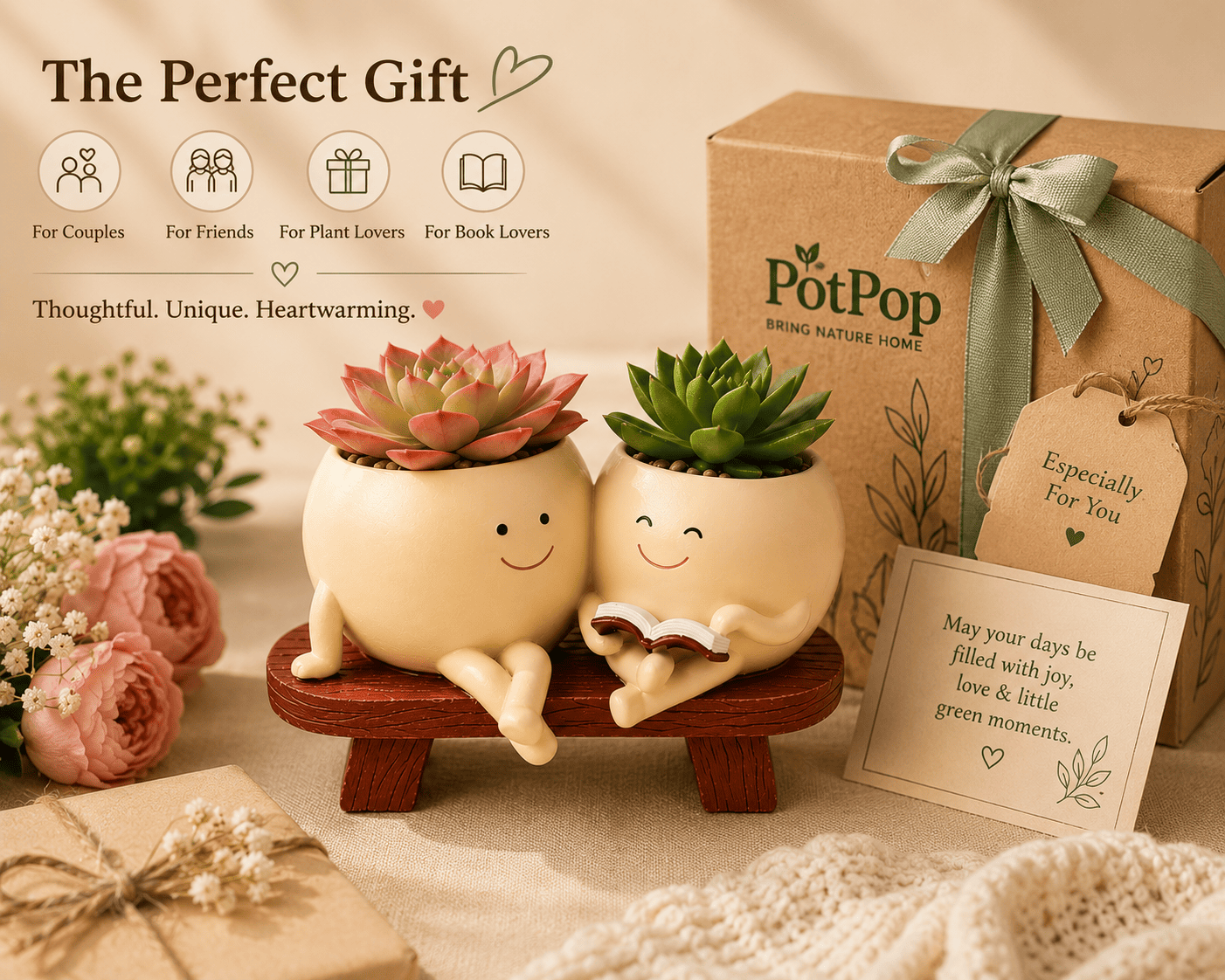 PotPop Story Time Duo Planter – Cute Double Resin Planter for Indoor Plants | Unique Gift for Plant Lovers