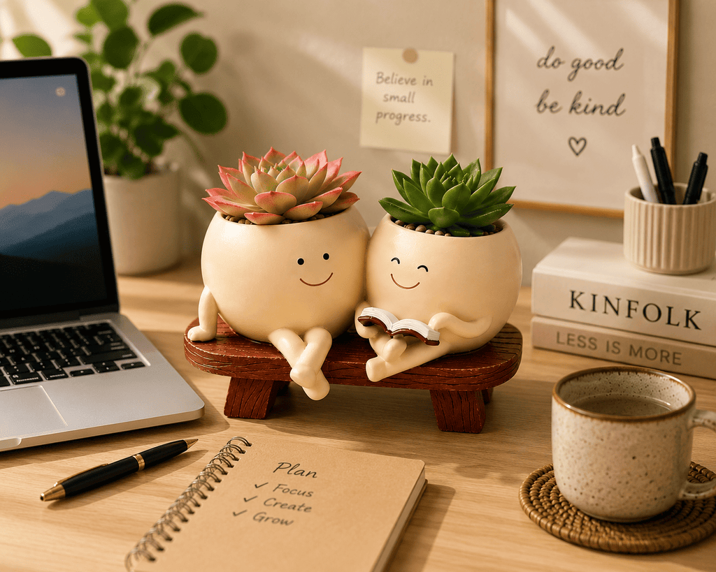 PotPop Story Time Duo Planter – Cute Double Resin Planter for Indoor Plants | Unique Gift for Plant Lovers