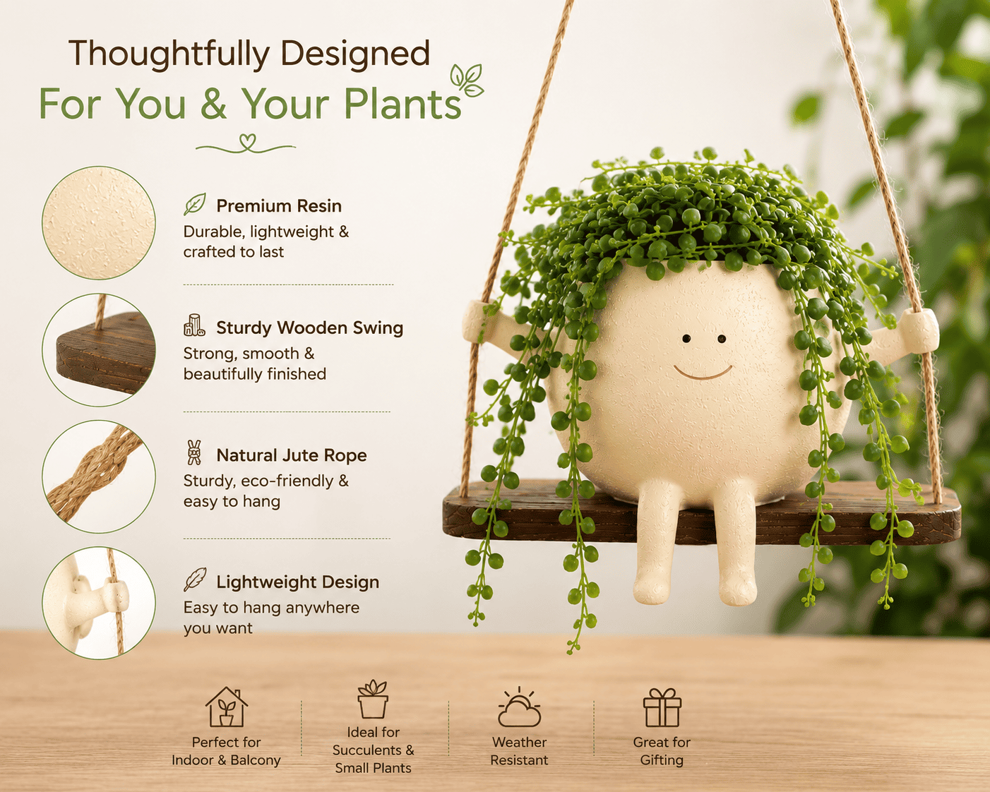Cute Hanging Swing Planter for Indoor Plants | Resin Planter Pot for Balcony By PotPop