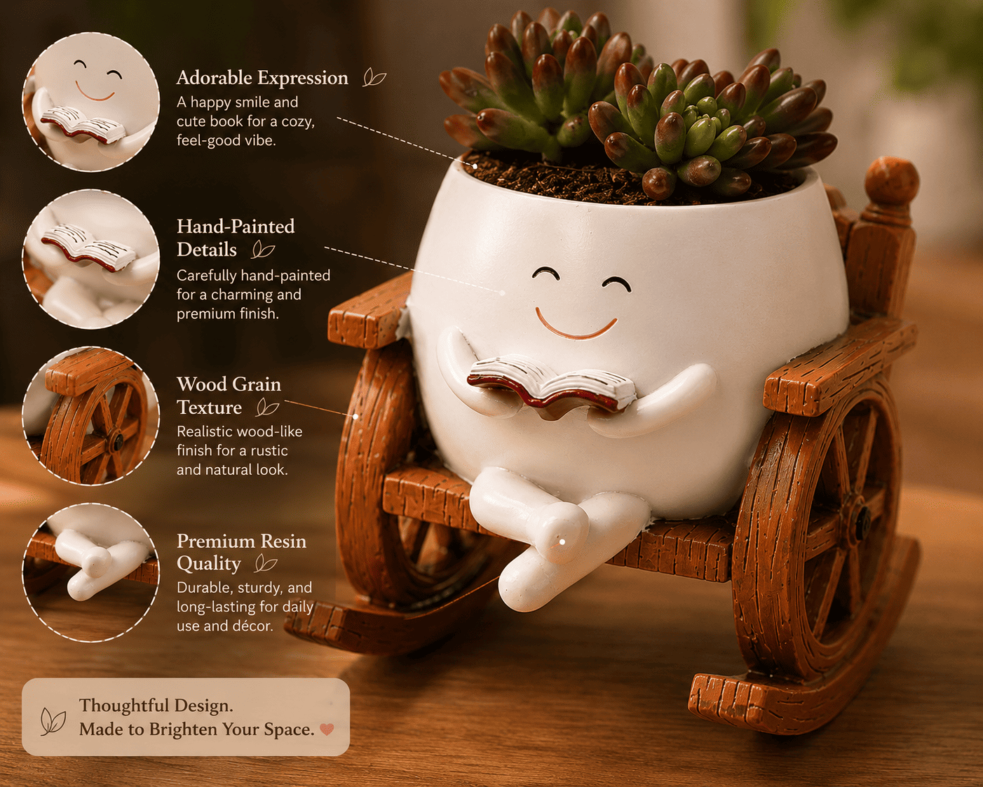 PotPop Story Chair Planter – Cute Reading Resin Planter for Succulents & Indoor Plants