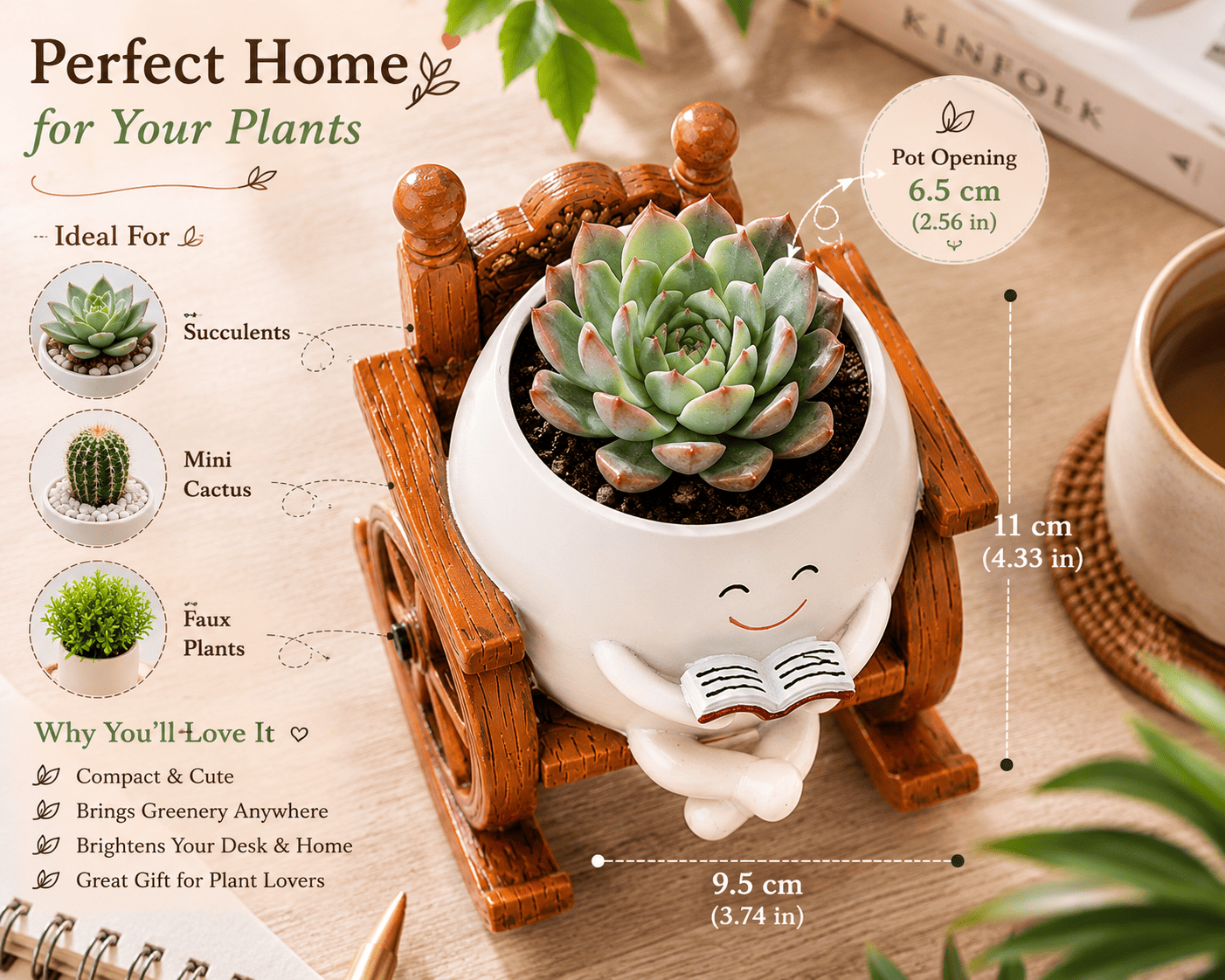 PotPop Story Chair Planter – Cute Reading Resin Planter for Succulents & Indoor Plants