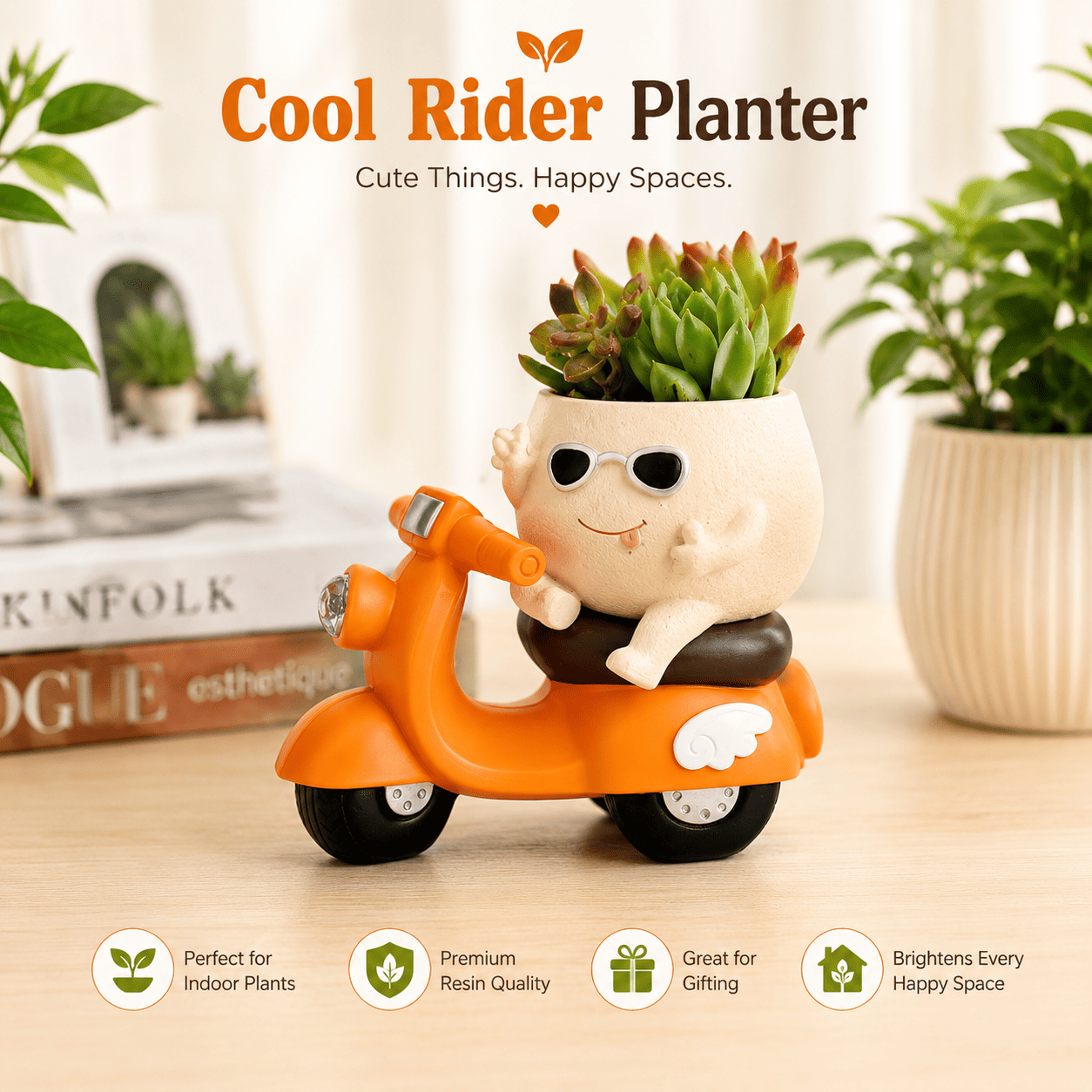 Cute Scooter Resin Planter Pot for Indoor/Desk Plants | Cool Rider Planter by PotPop