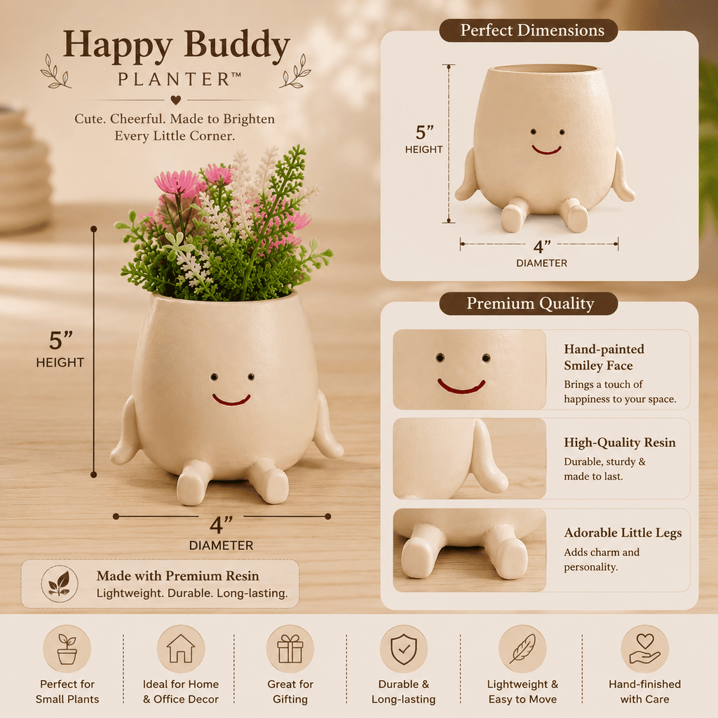 Cute Smiley Planter Pot for Indoor Plants, Resin Flower Pot for Home, Office Desk & Gifts by PotPop