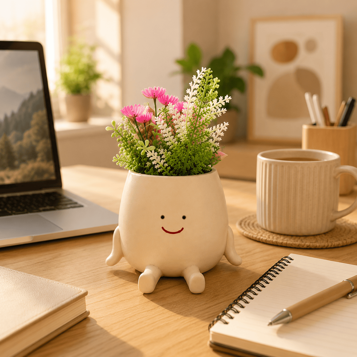 Cute Smiley Planter Pot for Indoor Plants, Resin Flower Pot for Home, Office Desk & Gifts by PotPop