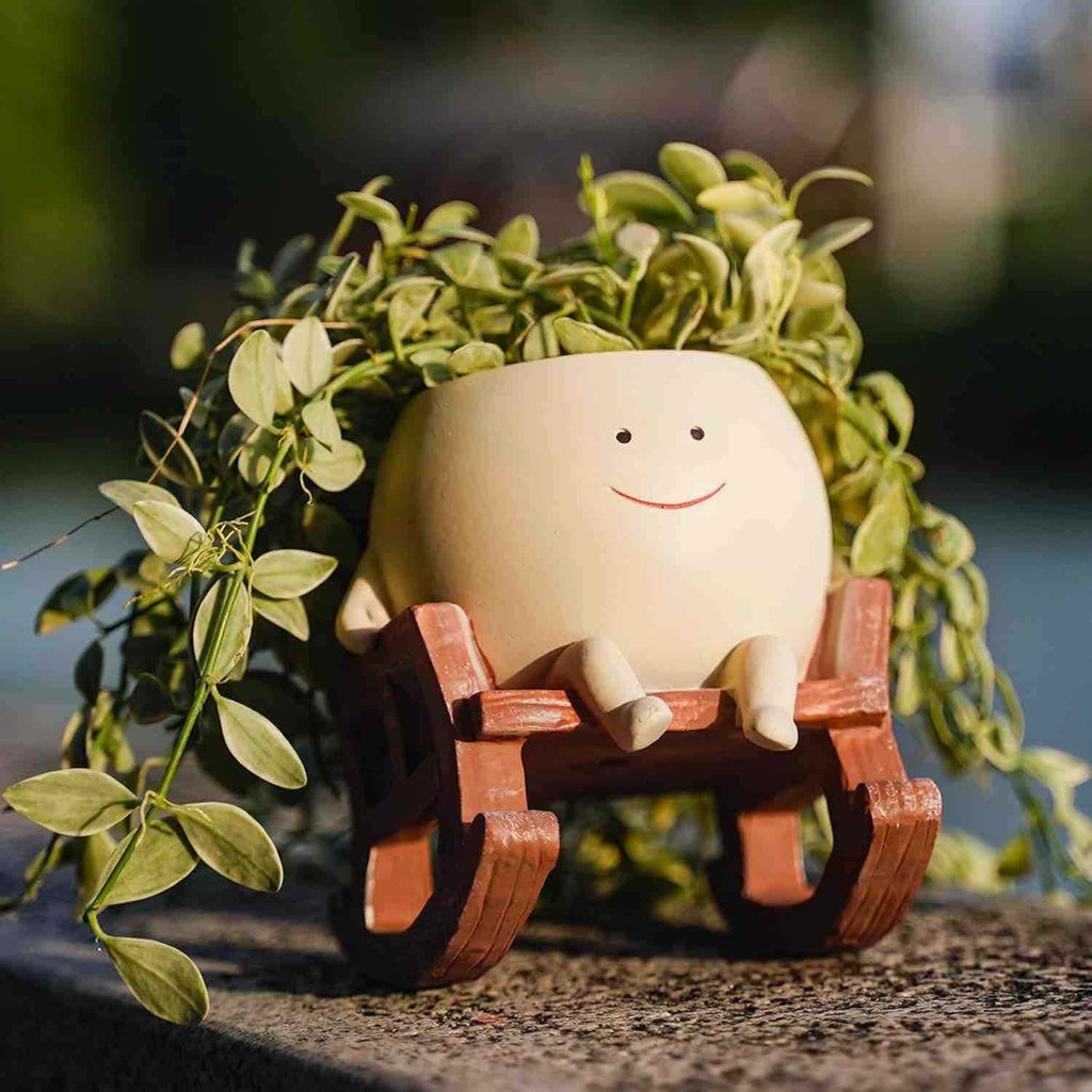 Cute Face Sitting Smile Resin Planter Pot on Chair for Indoor/Outdoor Plants | PotPop Decorative Pot