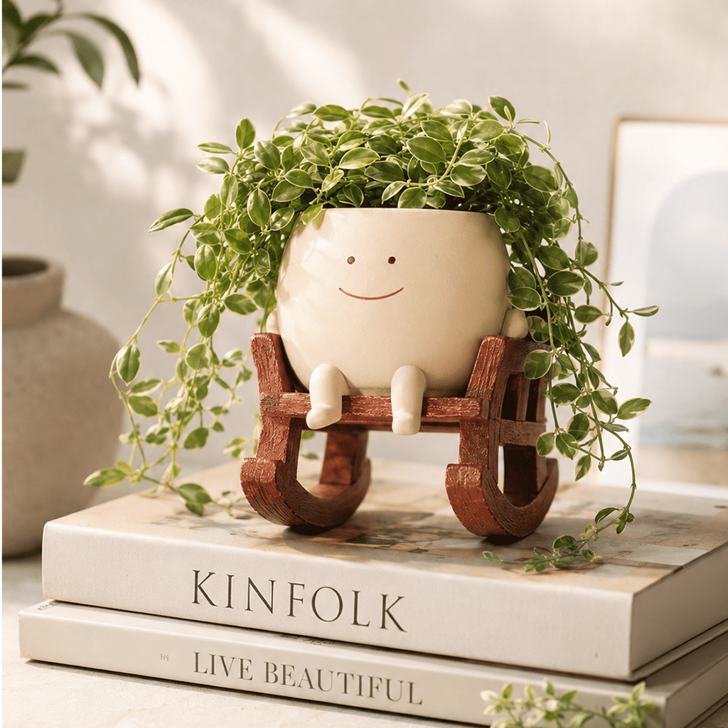 Cute Face Sitting Smile Resin Planter Pot on Chair for Indoor/Outdoor Plants | PotPop Decorative Pot