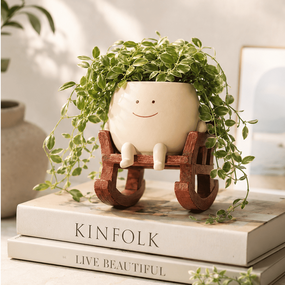 Cute Face Sitting Smile Resin Planter Pot on Chair for Indoor/Outdoor Plants | PotPop Decorative Pot