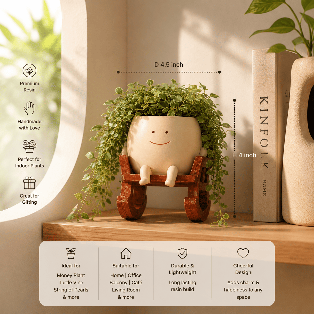 Cute Face Sitting Smile Resin Planter Pot on Chair for Indoor/Outdoor Plants | PotPop Decorative Pot