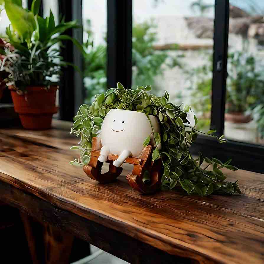 Cute Face Sitting Smile Resin Planter Pot on Chair for Indoor/Outdoor Plants | PotPop Decorative Pot